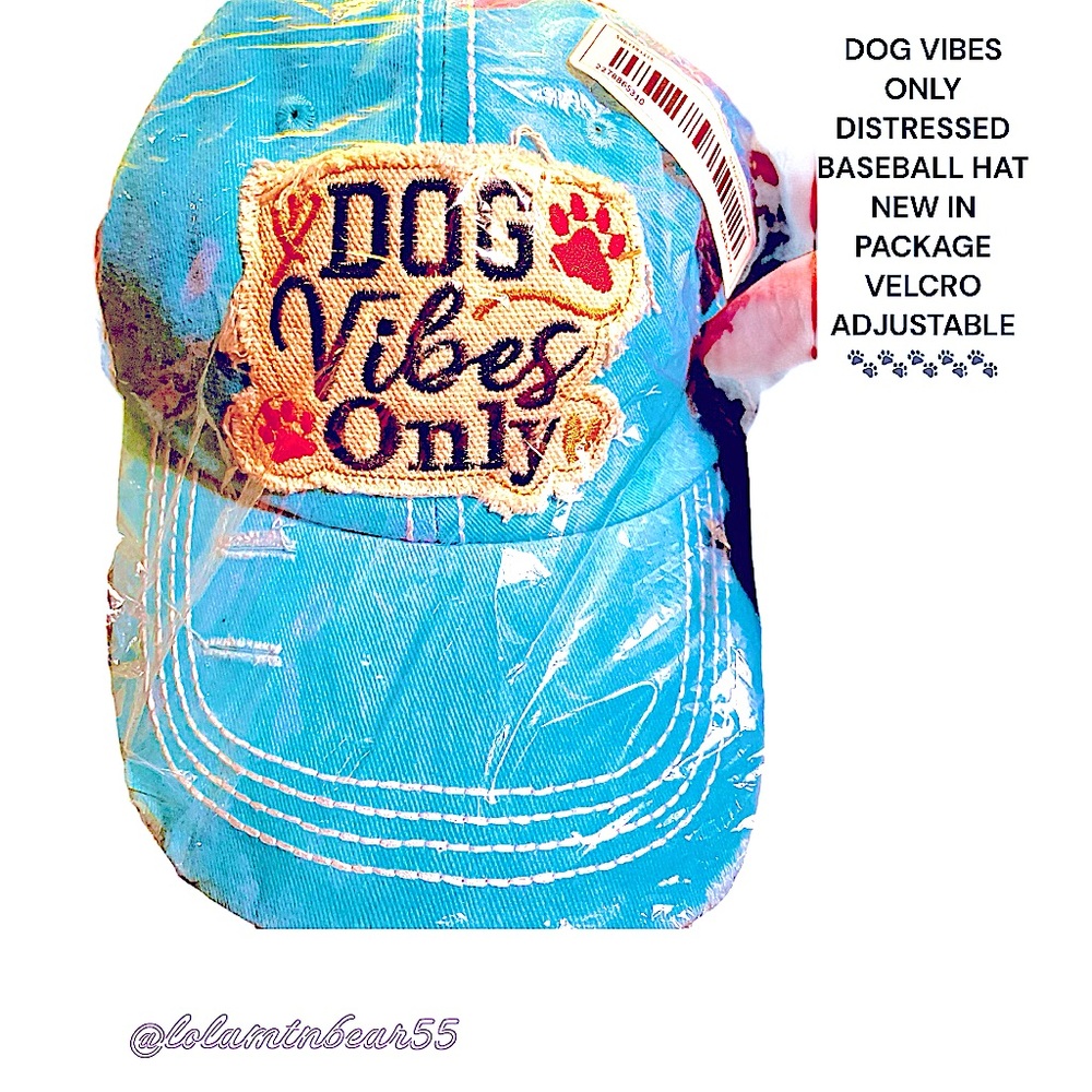 DOG VIBES ONLY DISTRESSED NEW IN PACKAGE BASEBALL HAT, VELCRO ADJUSTABLE CLOSURE